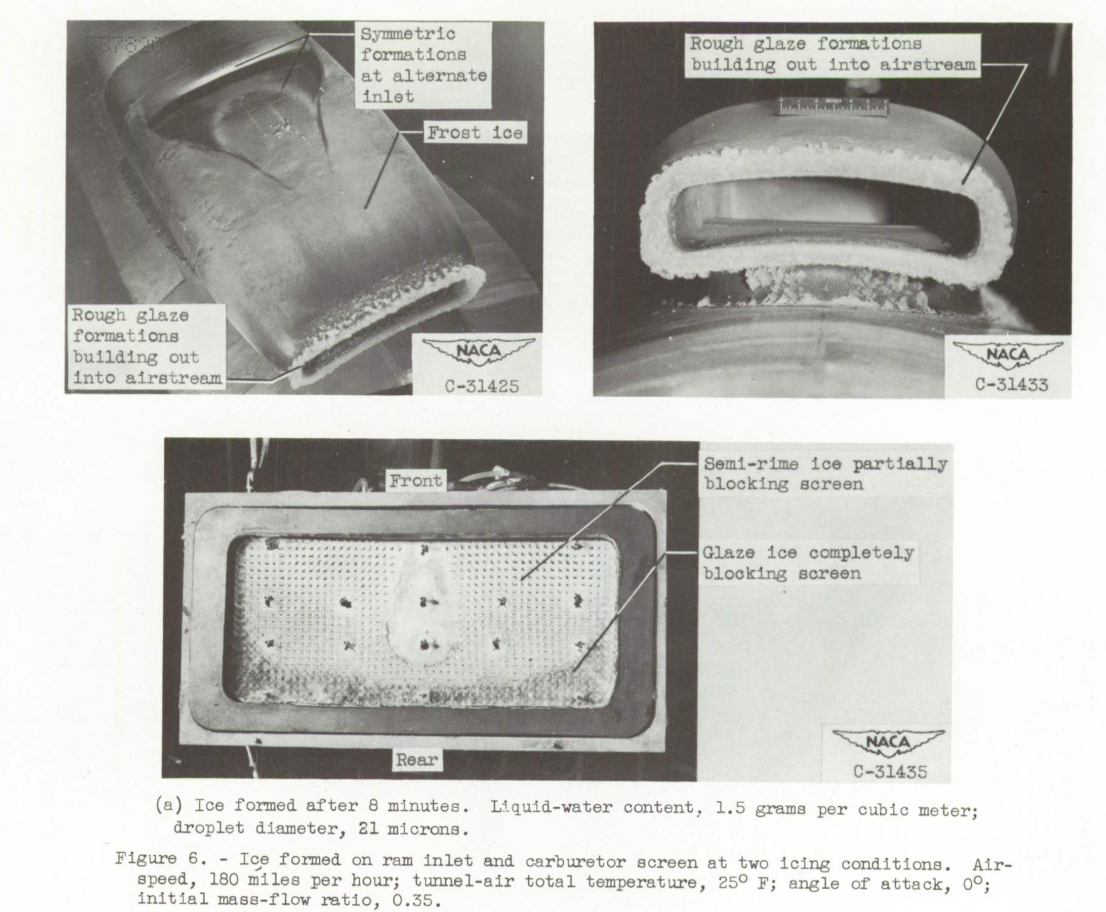 Figure 6. Ice formed on ram inlet and carburetor screen at two icing conditions. 
Airspeed, 180 miles per hour; tunnel-air total temperature, 25 F; angle of attack, 
0 degree; initial mass-flow ratio, 0.35.
